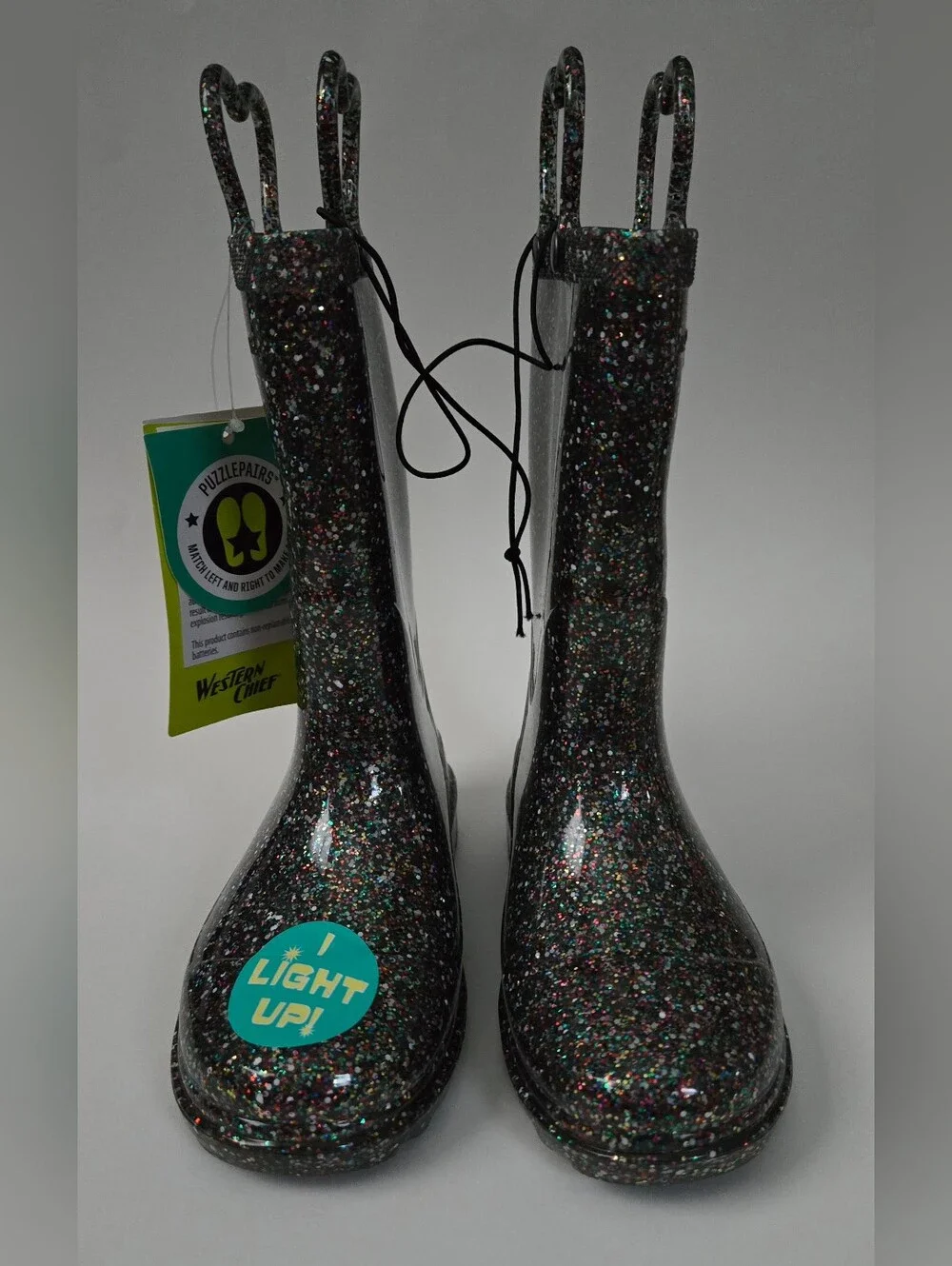 NEW Western Chief Kids Abby Black Glitter Rain Boots Light-Up Waterproof Size 11